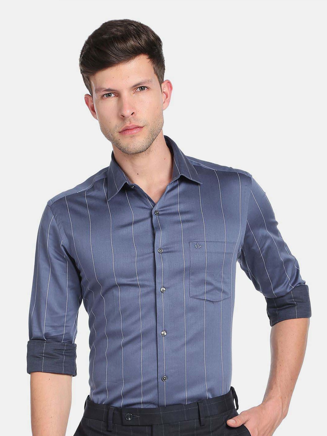 

Arrow Vertical Striped Cutaway Collar Pure Cotton Slim Fit Formal Shirt, Grey