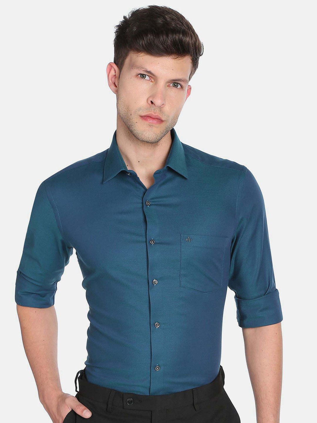 

Arrow Cutaway Collar Long Sleeves Pure Cotton Slim Fit Formal Shirt, Teal