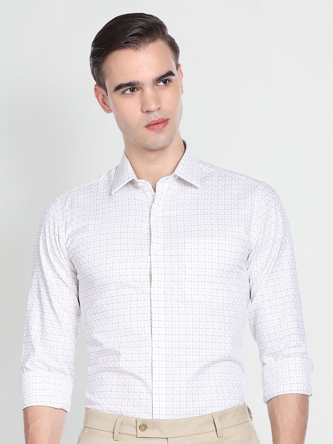 

Arrow Slim Fit Tattersall Checked Opaque Formal Pure Cotton Shirt, White