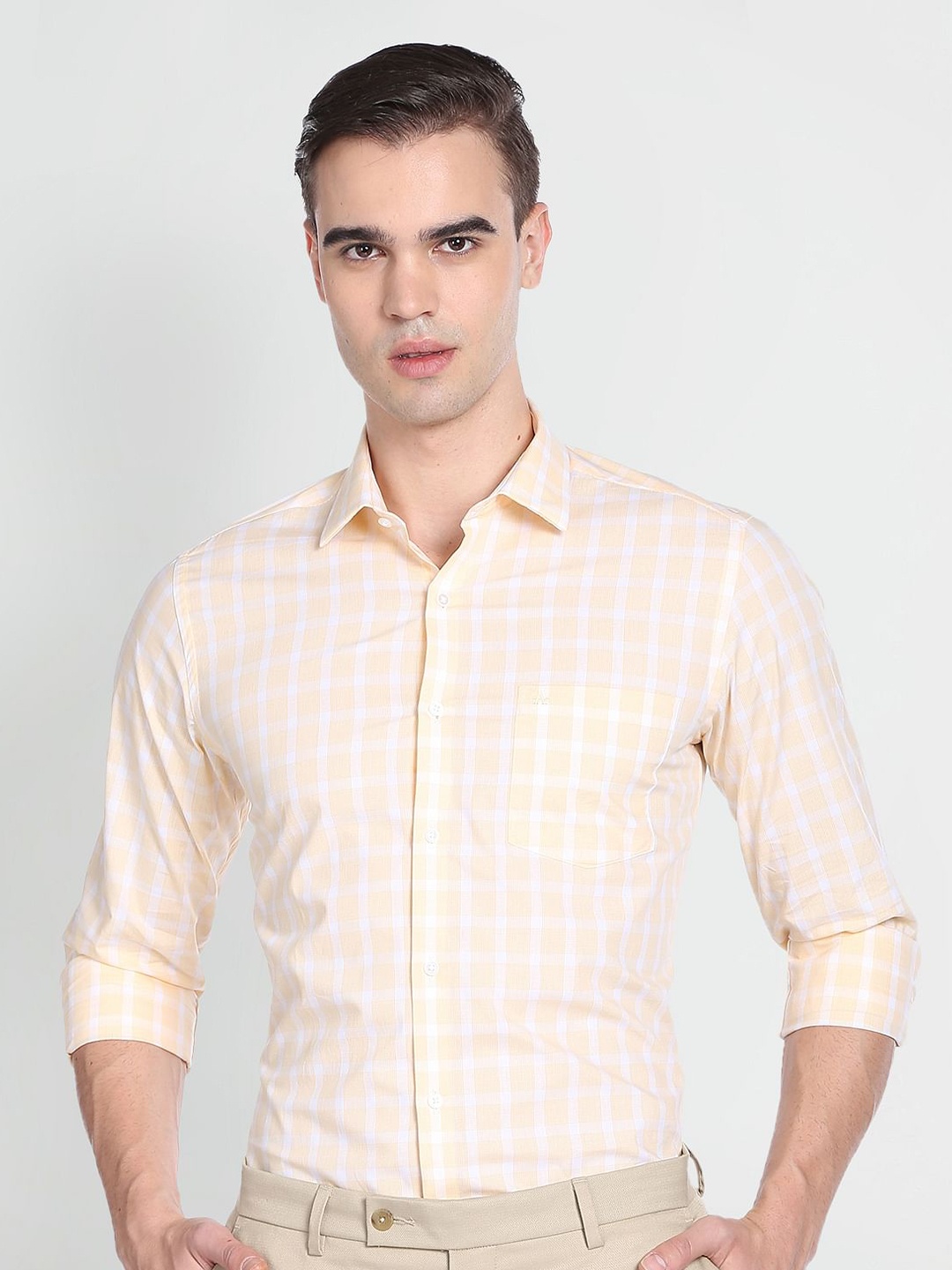 

Arrow Slim Fit Opaque Buffalo Checked Formal Pure Cotton Shirt, Yellow