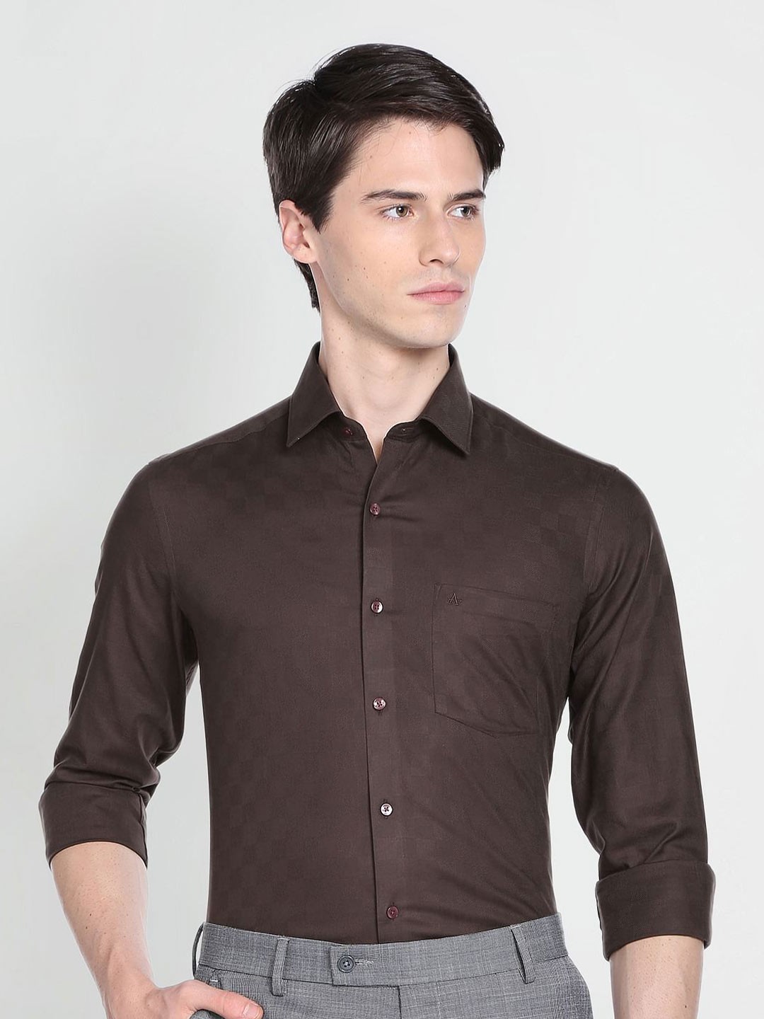 

Arrow Self Design Spread Collar Formal Twill Cotton Shirt, Brown