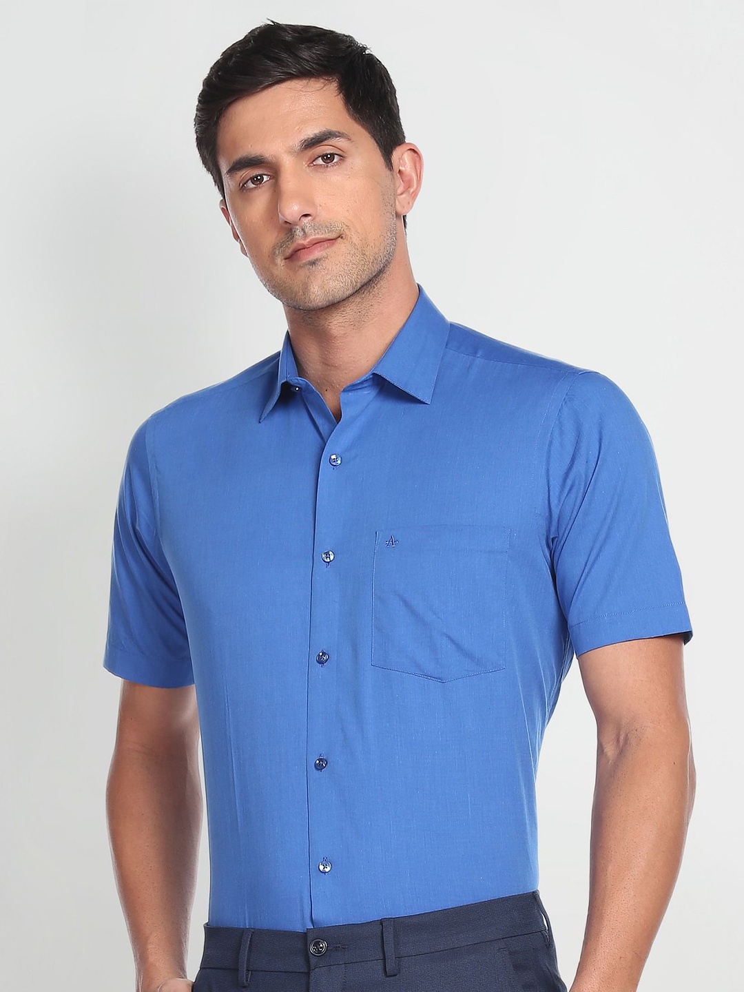 

Arrow Spread Collar Short Sleeves Pure Cotton Formal Shirt, Blue