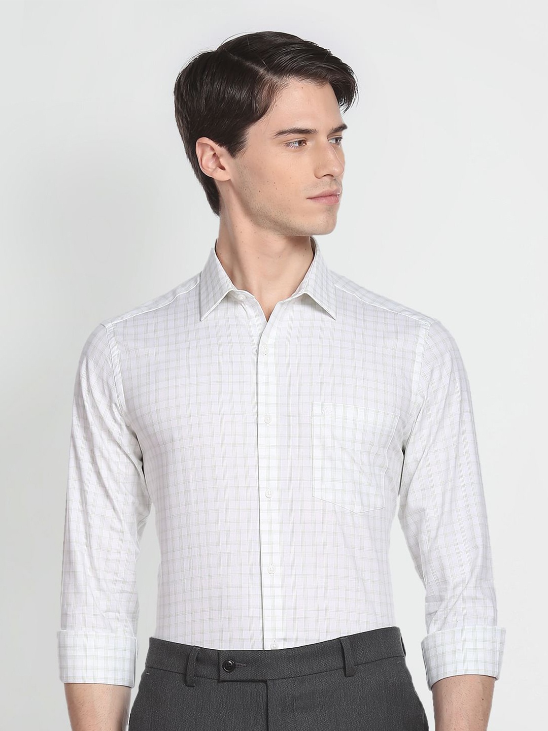 

Arrow Grid Tattersall Checked Cutaway Collar Pure Cotton Slim Fit Formal Shirt, White
