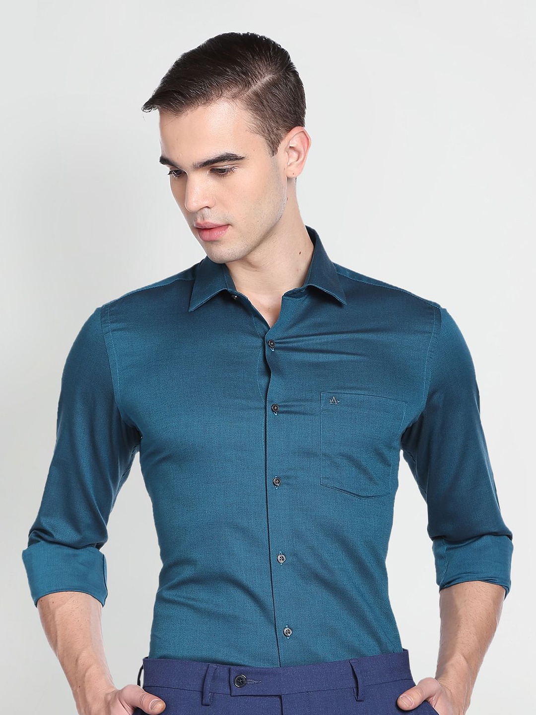 

Arrow Spread Collar Long Sleeves Pure Cotton Formal Shirt, Teal