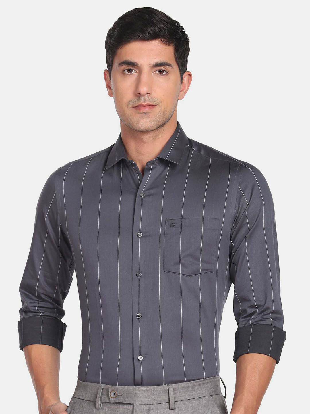 

Arrow Slim Fit Opaque Pin Striped Formal Pure Cotton Shirt, Grey