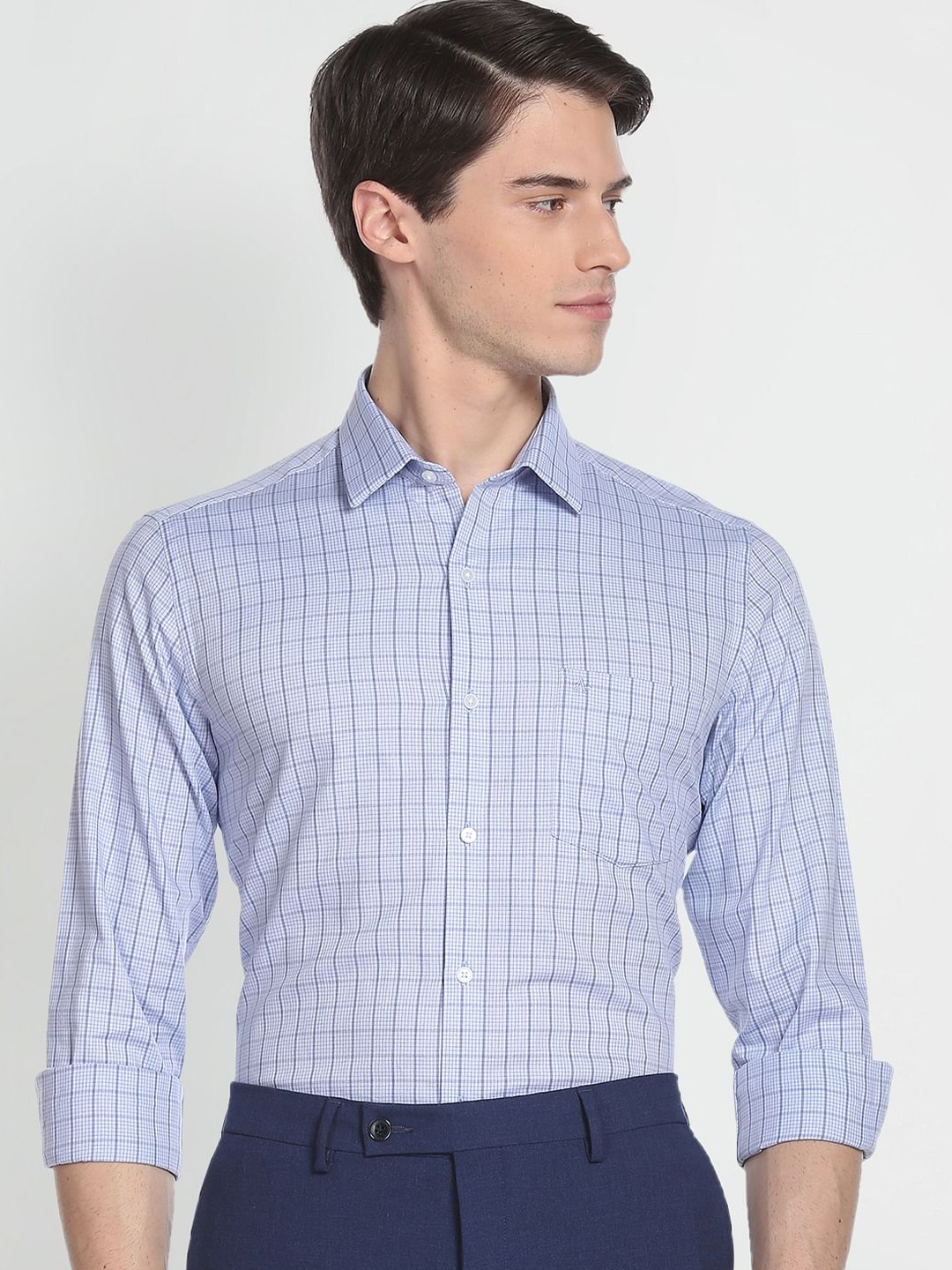 

Arrow Tartan Checked Cutaway Collar Pure Cotton Slim Fit Formal Shirt, Blue