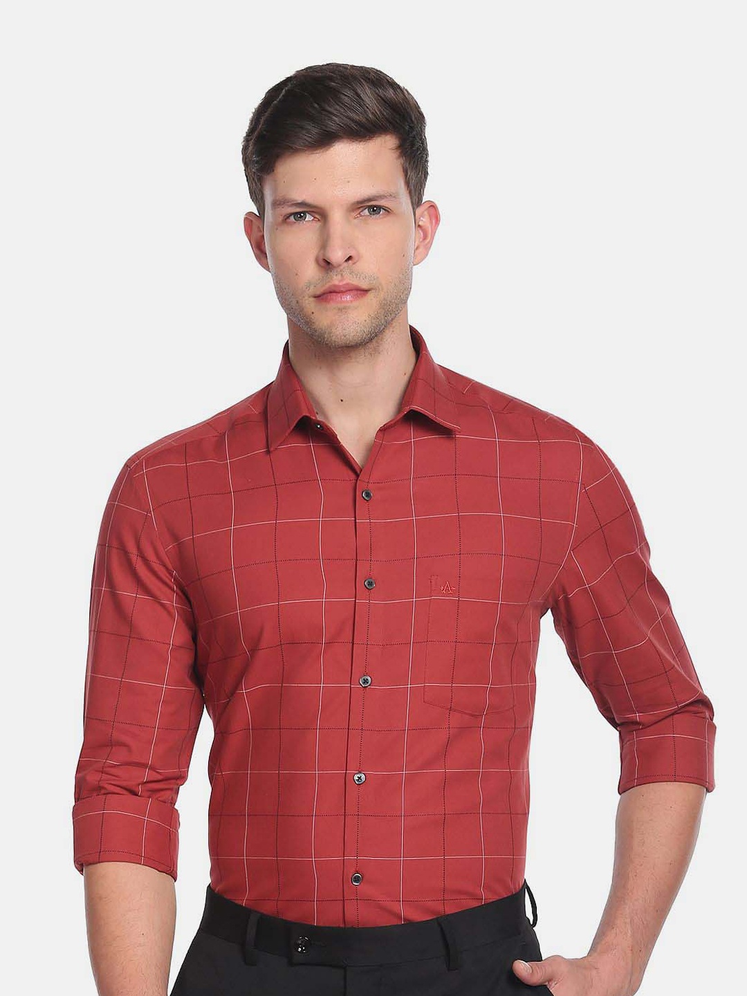 

Arrow Windowpane Checks Spread Collar Slim Fit Formal Cotton Shirt, Red