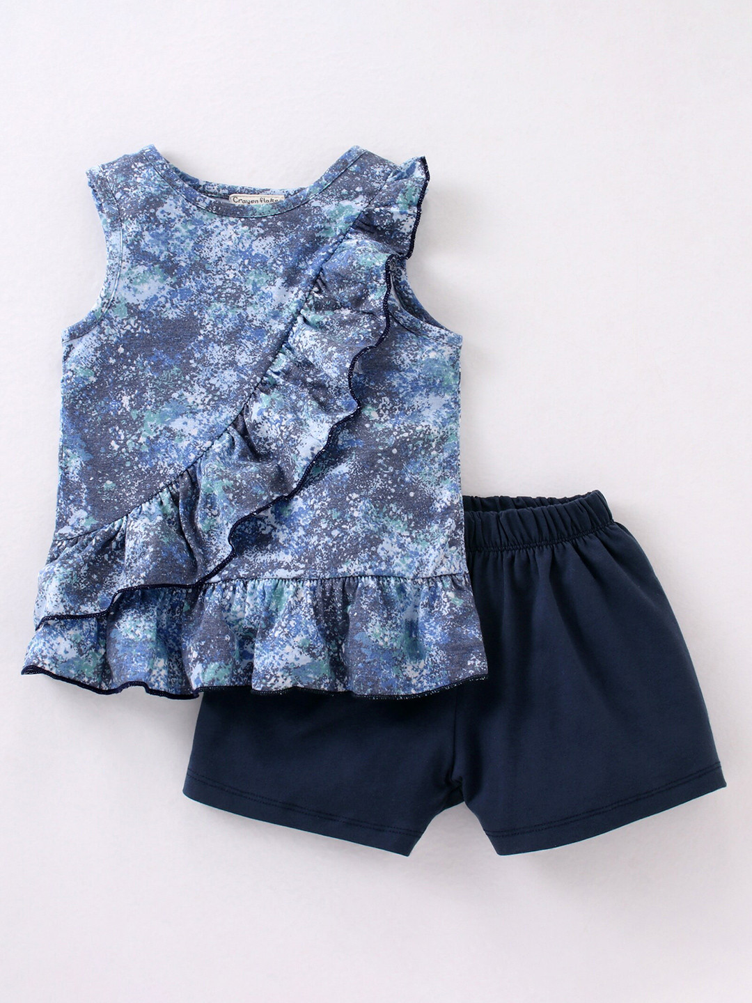 

CrayonFlakes Girls Printed Tie Dye Front Frill Top With Shorts, Blue