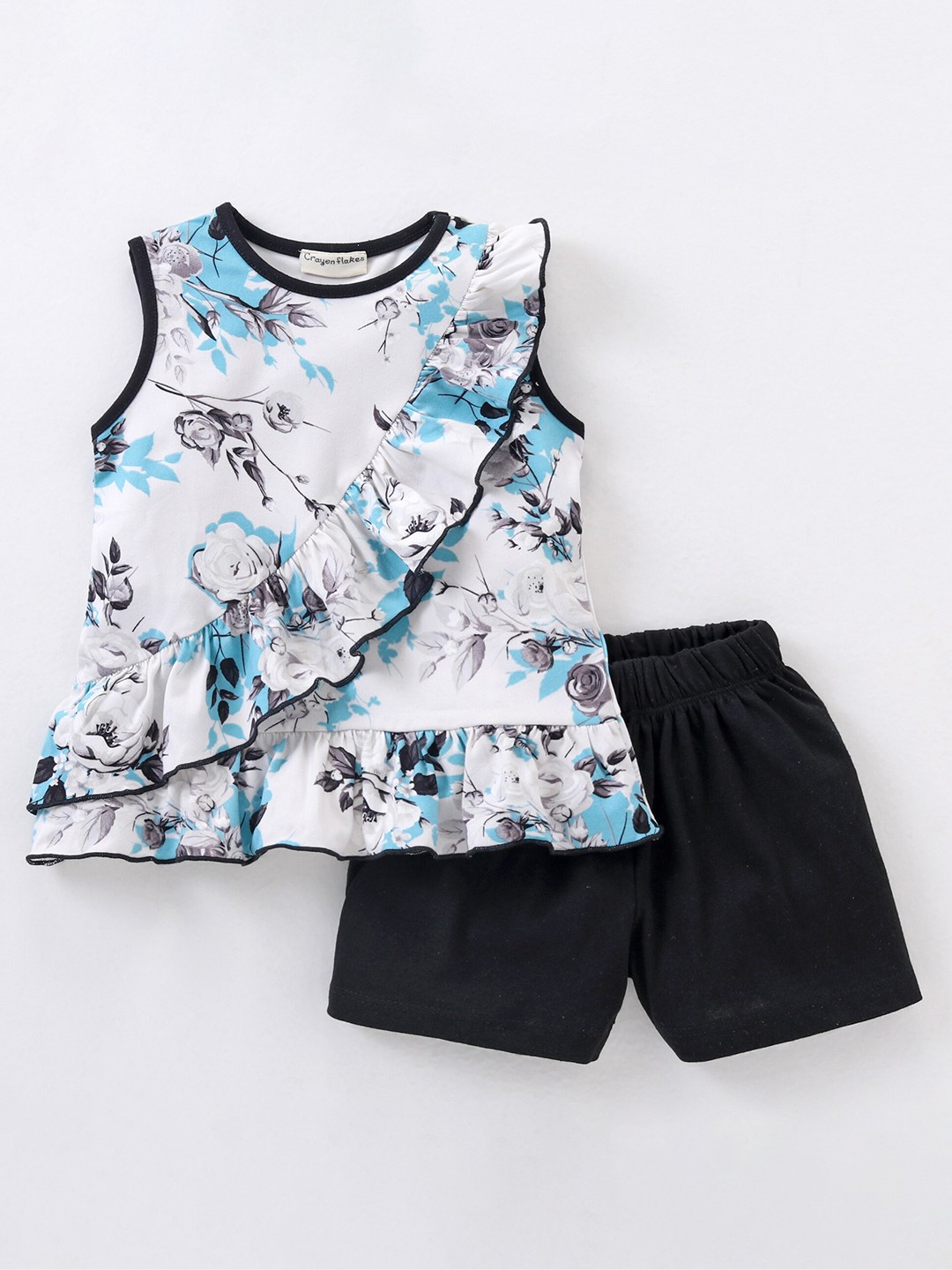 

CrayonFlakes Girls Printed Tie Dye Front Frill Top With Shorts, Off white