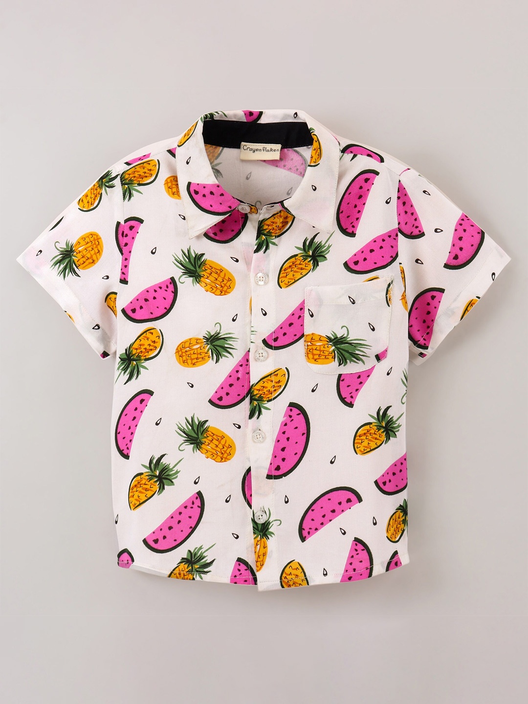 

CrayonFlakes Boys Spread Collar Conversational Fruits Printed Casual Shirt, Off white