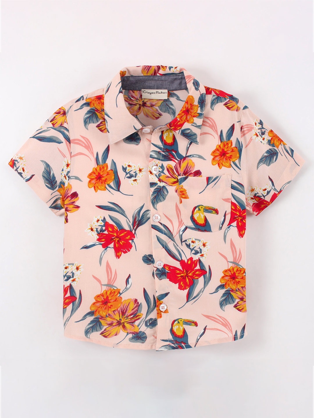 

CrayonFlakes Boys Floral Printed Short Sleeves Casual Shirt, Peach