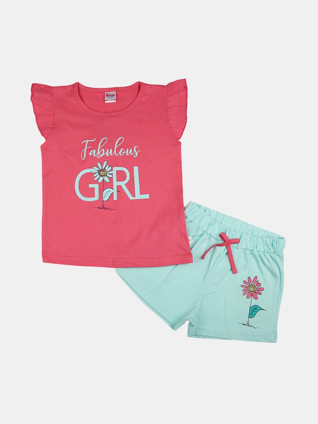 

V-Mart Girls Printed Pure Cotton Round Neck Top with Shorts Clothing Set, Pink
