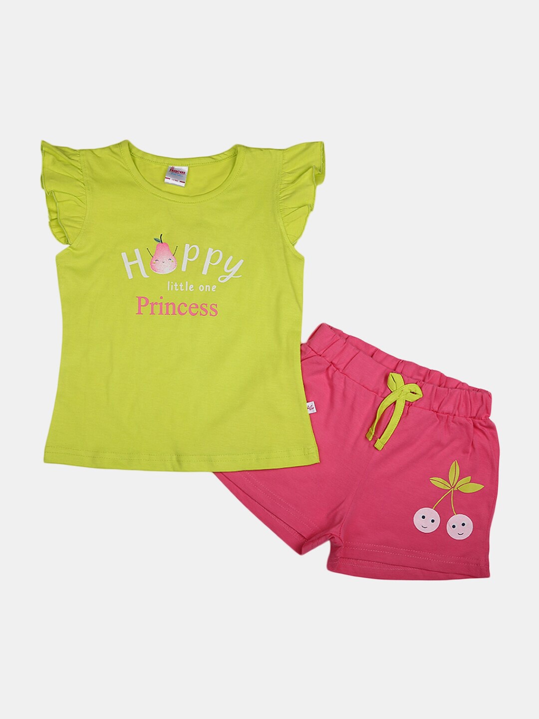 

V-Mart Girls Printed Pure Cotton Round Neck Flutter Sleeves Top with Shorts Clothing Set, Lime green
