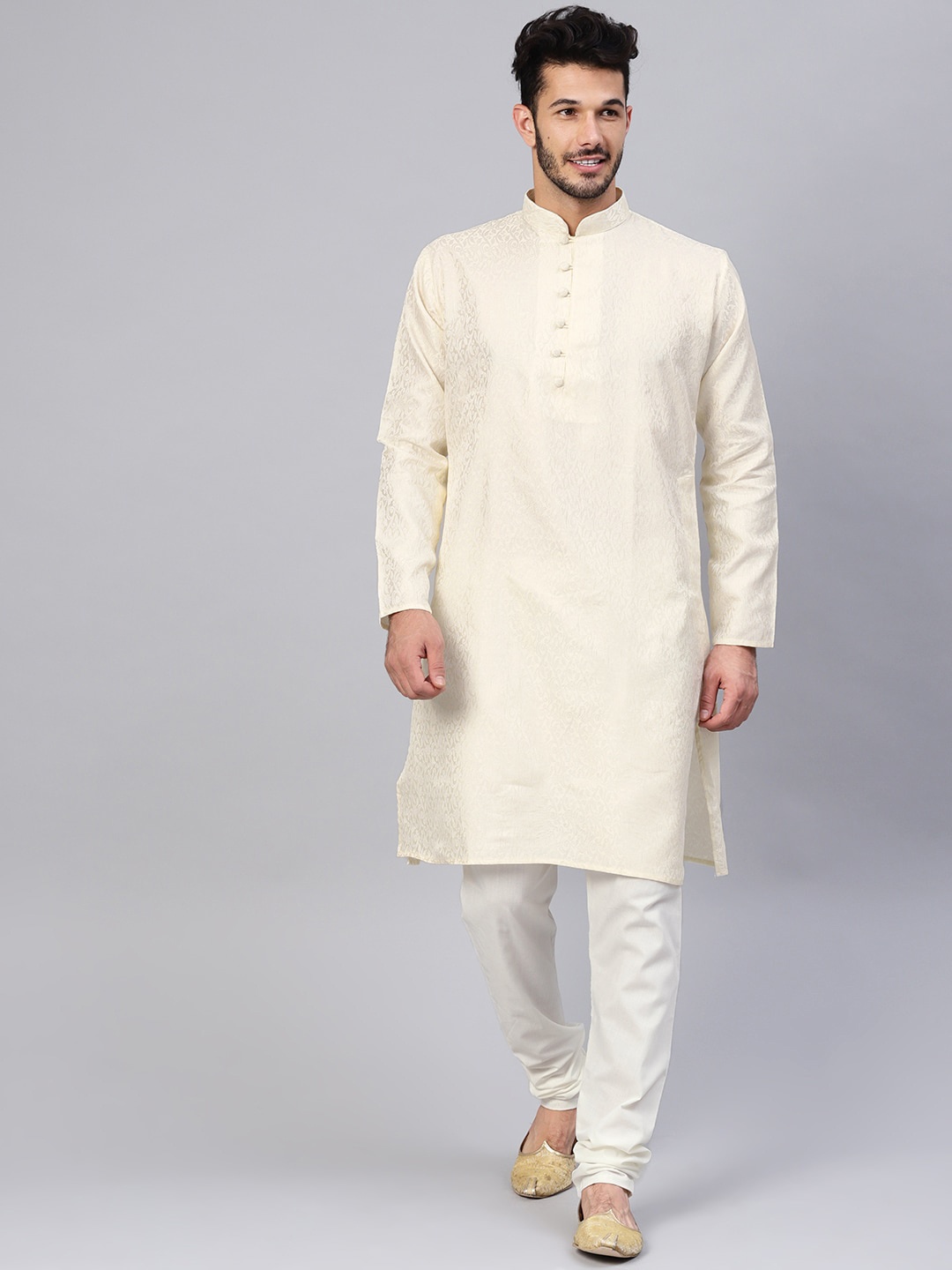 

SOJANYA Mandarin Collar Ethnic Motifs Woven Design Kurta, Cream