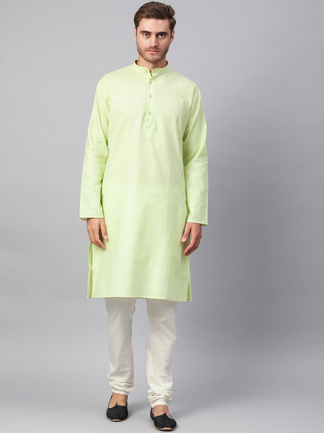 

SOJANYA Mandarin Collar Straight Cotton Linen Kurta, Lime green