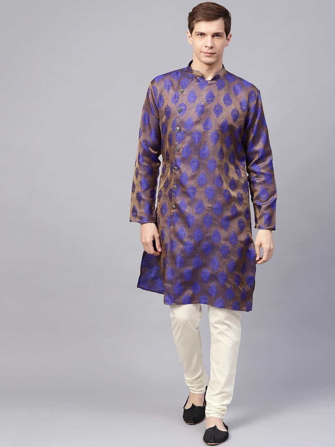 

SOJANYA Woven Design Mandarin Collar Silk Cotton Angrakha Kurta, Blue