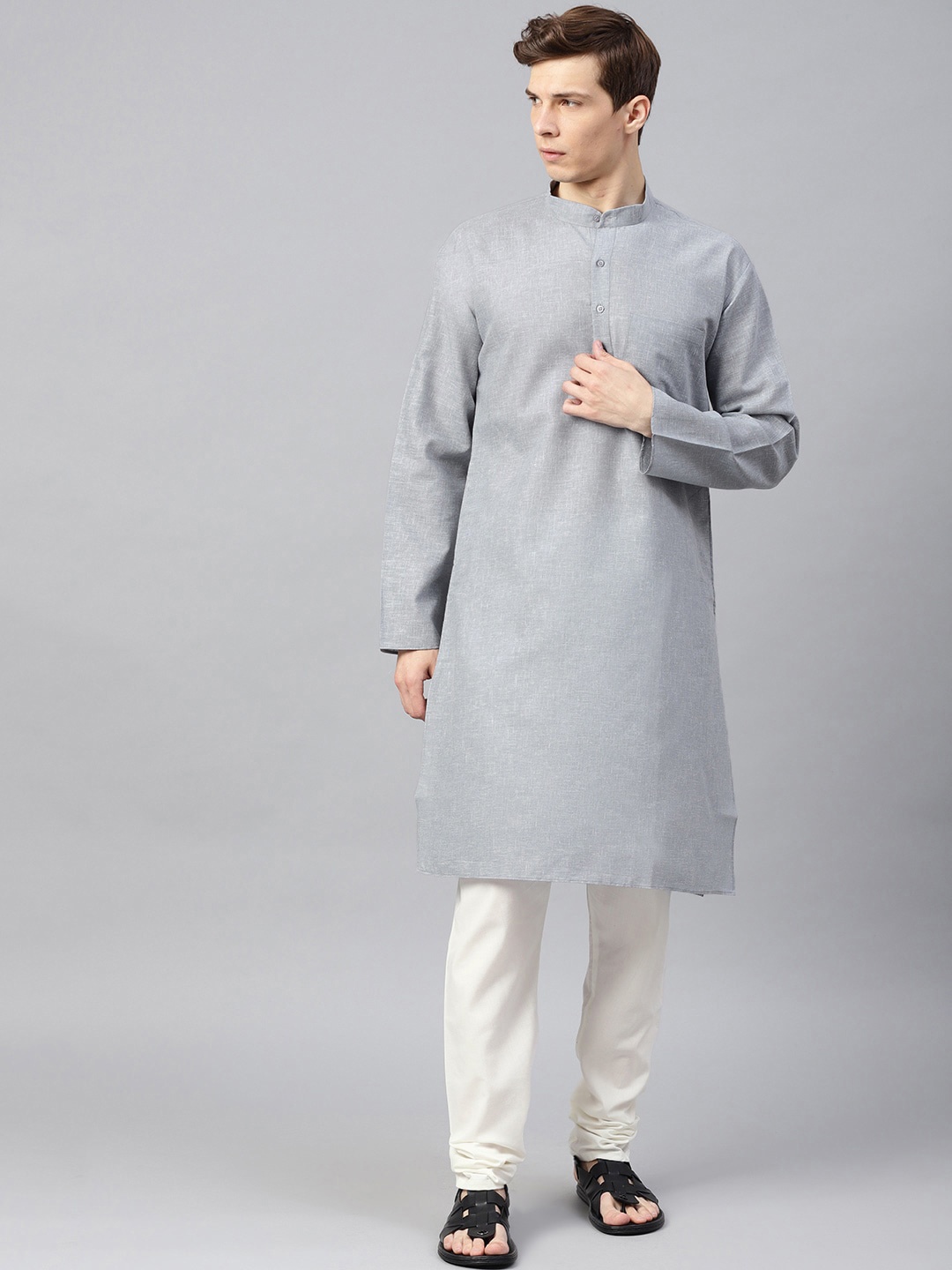 

SOJANYA Mandarin Collar Patch Pocket Straight Cotton Linen Kurta, Grey