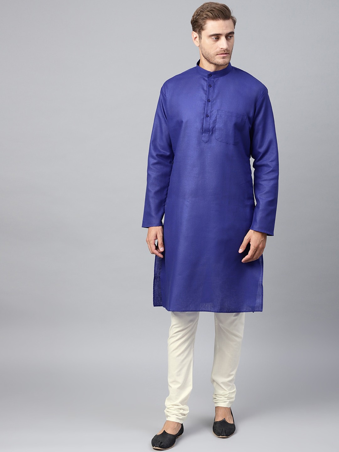 

SOJANYA Mandarin Collar Patch Pocket Straight Cotton Linen Kurta, Blue