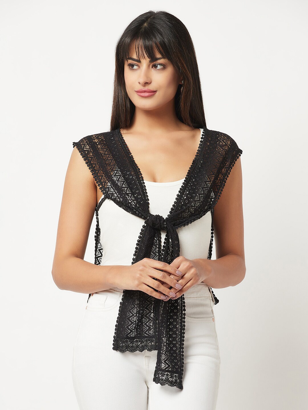 

Espresso Tie-Up Lace Shawl Shrug, Black