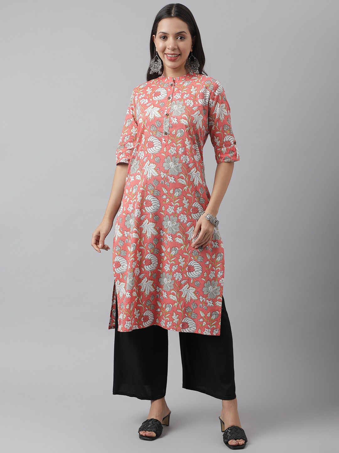 

Divena Mandarin Collar Floral Printed Cotton Kurta, Pink