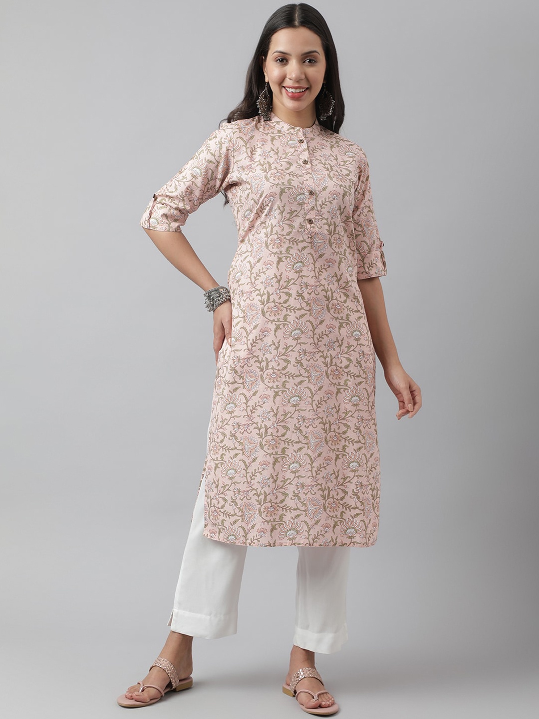 

Divena Floral Printed Roll-Up Sleeves Cotton Kurta, Peach