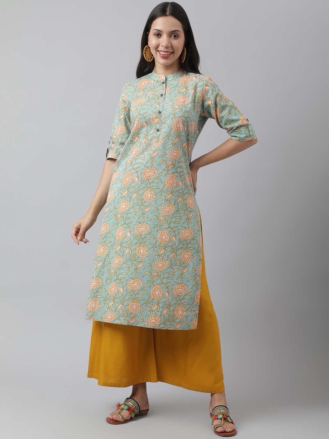 

Divena Floral Printed Roll-Up Sleeves Cotton Kurta, Turquoise blue