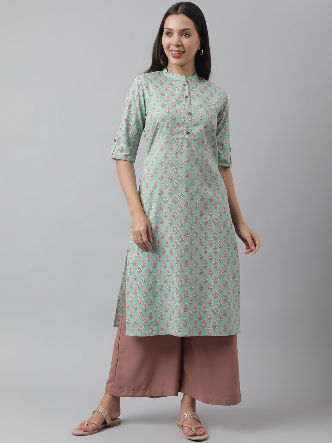 

Divena Floral Printed Roll-Up Sleeves Cotton Kurta, Sea green