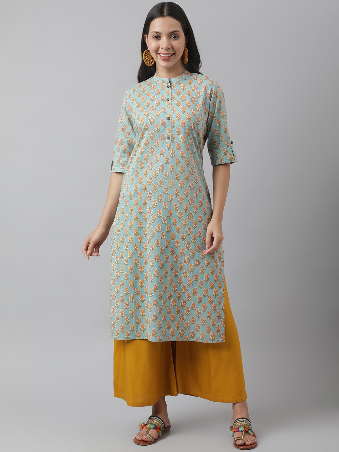 

Divena Floral Printed Roll-Up Sleeves Cotton Kurta, Turquoise blue