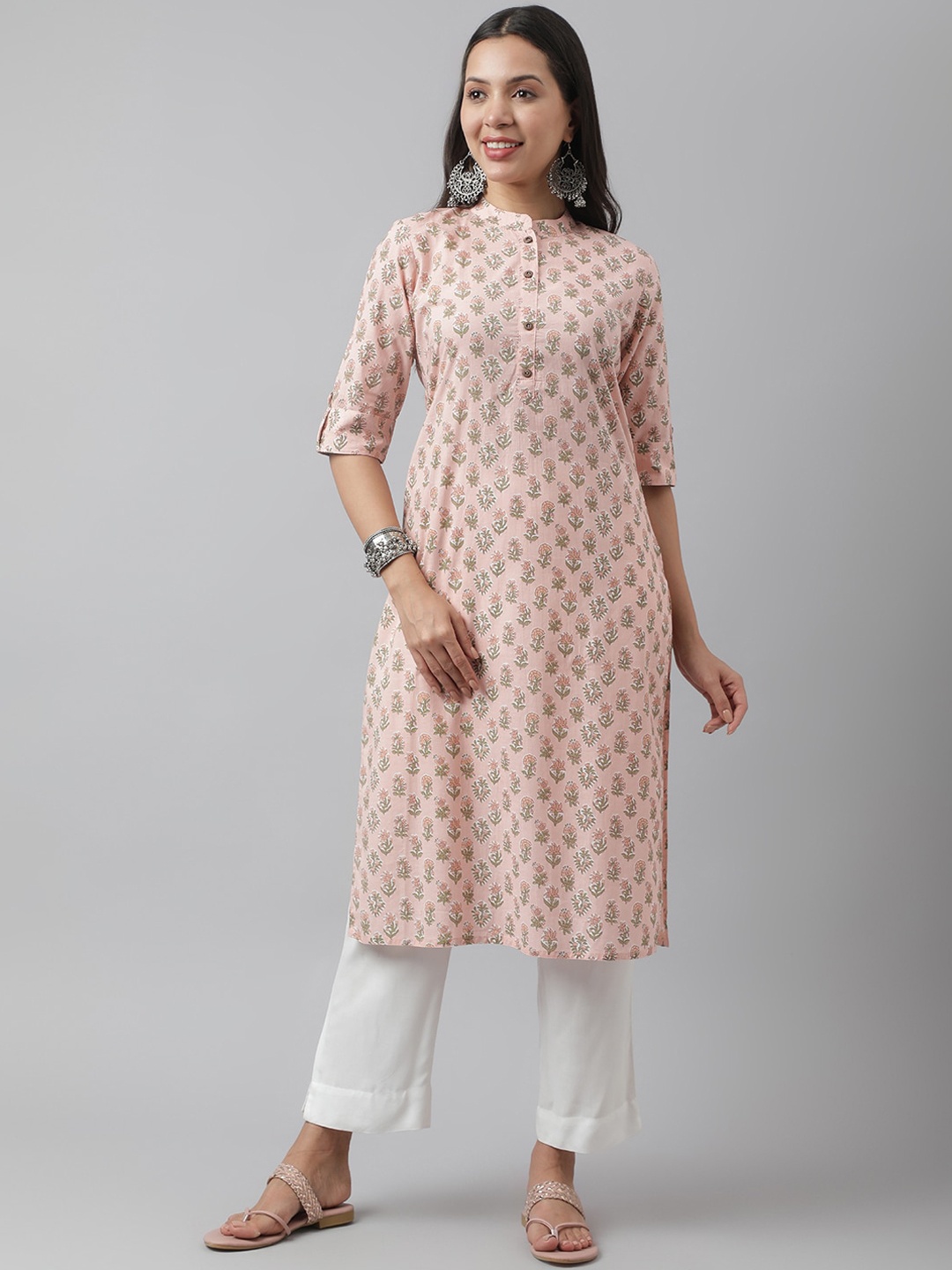 

Divena Floral Printed Roll-Up Sleeves Cotton Kurta, Peach