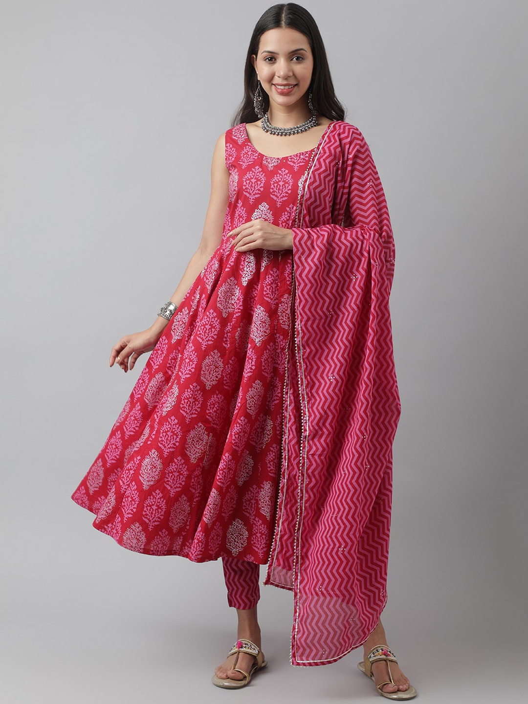 

Divena Ethnic Motifs Printed Anarkali Pure Cotton Kurta with Trousers & Dupatta, Magenta