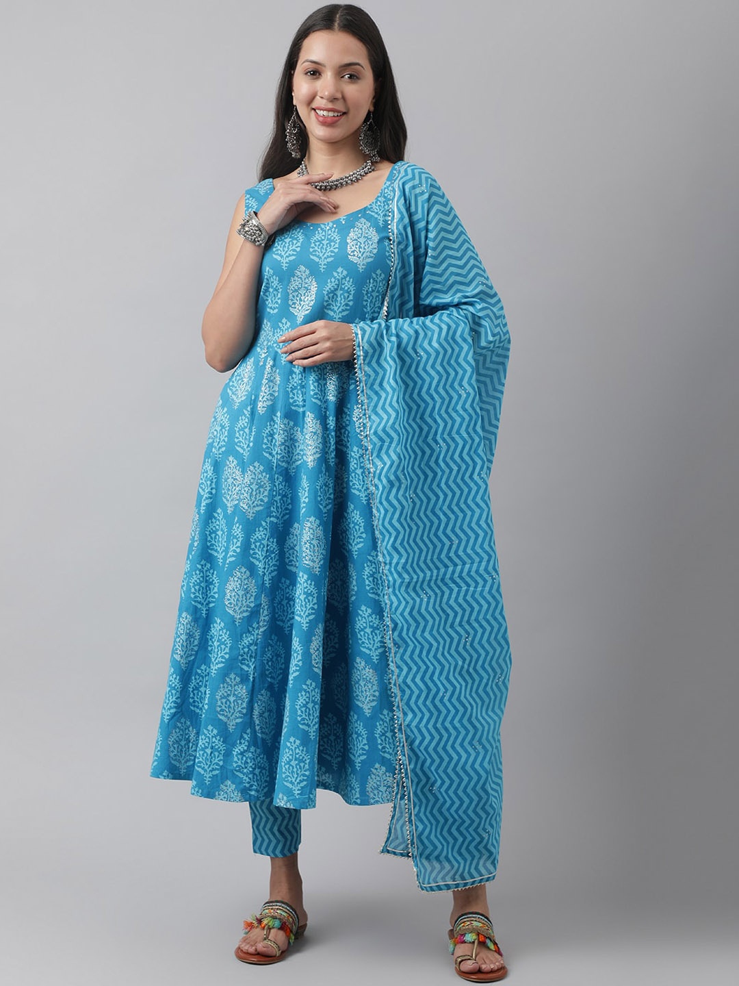 

Divena Ethnic Motifs Printed Anarkali Pure Cotton Kurta with Trousers & Dupatta, Turquoise blue