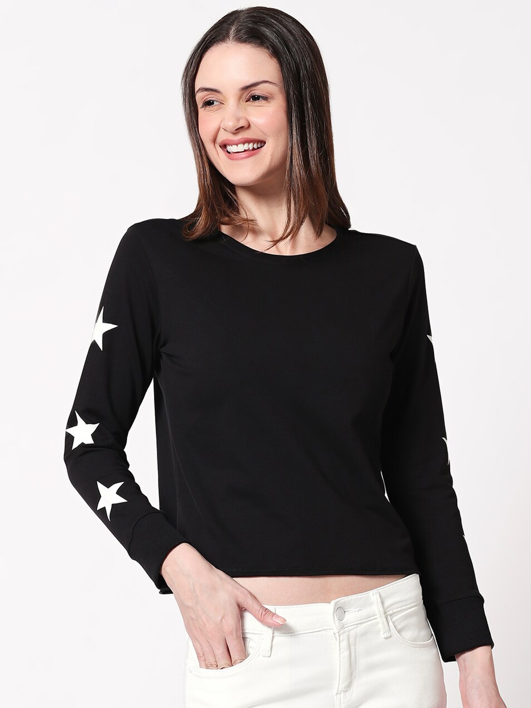 

Zeyo Round Neck Cotton Crop Top, Black