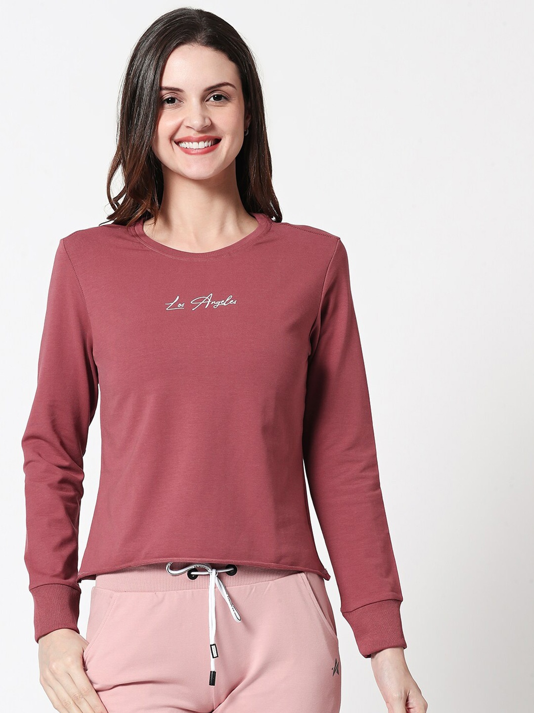 

Zeyo Typography Printed Raw Edge Hemline Cotton Casual T-Shirt, Mauve