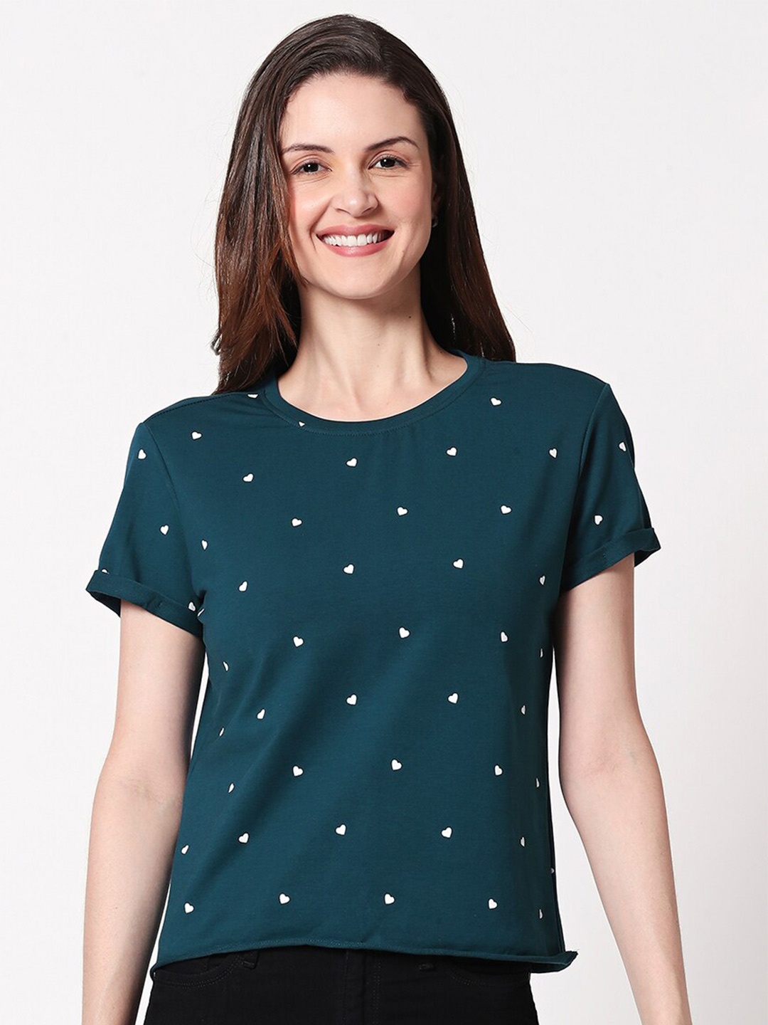 

Zeyo Conversational Printed Roll U-p Sleeves Cotton Casual T-Shirt, Teal