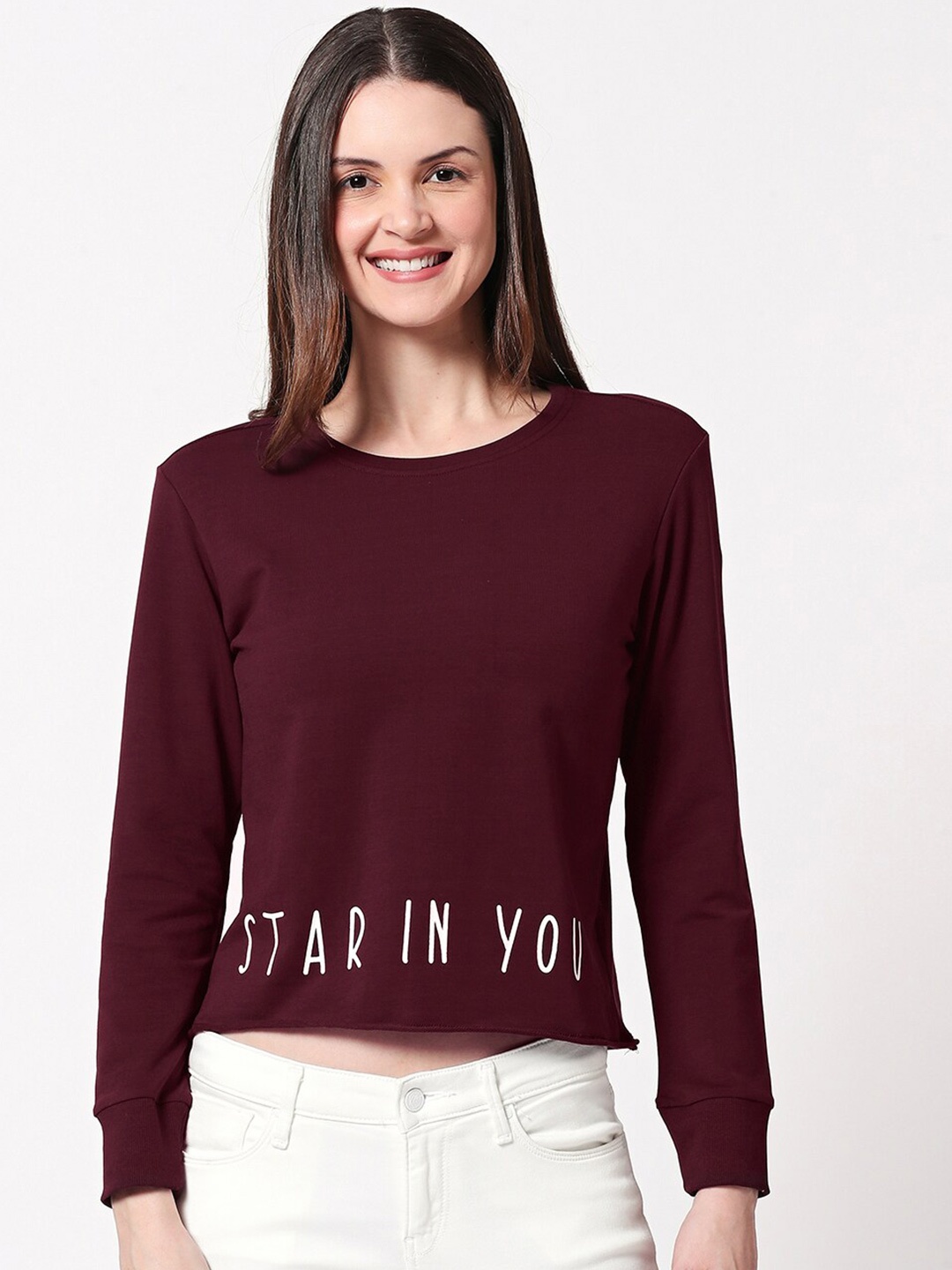 

Zeyo Round Neck Cuffed Sleeves Pure Cotton Top, Maroon