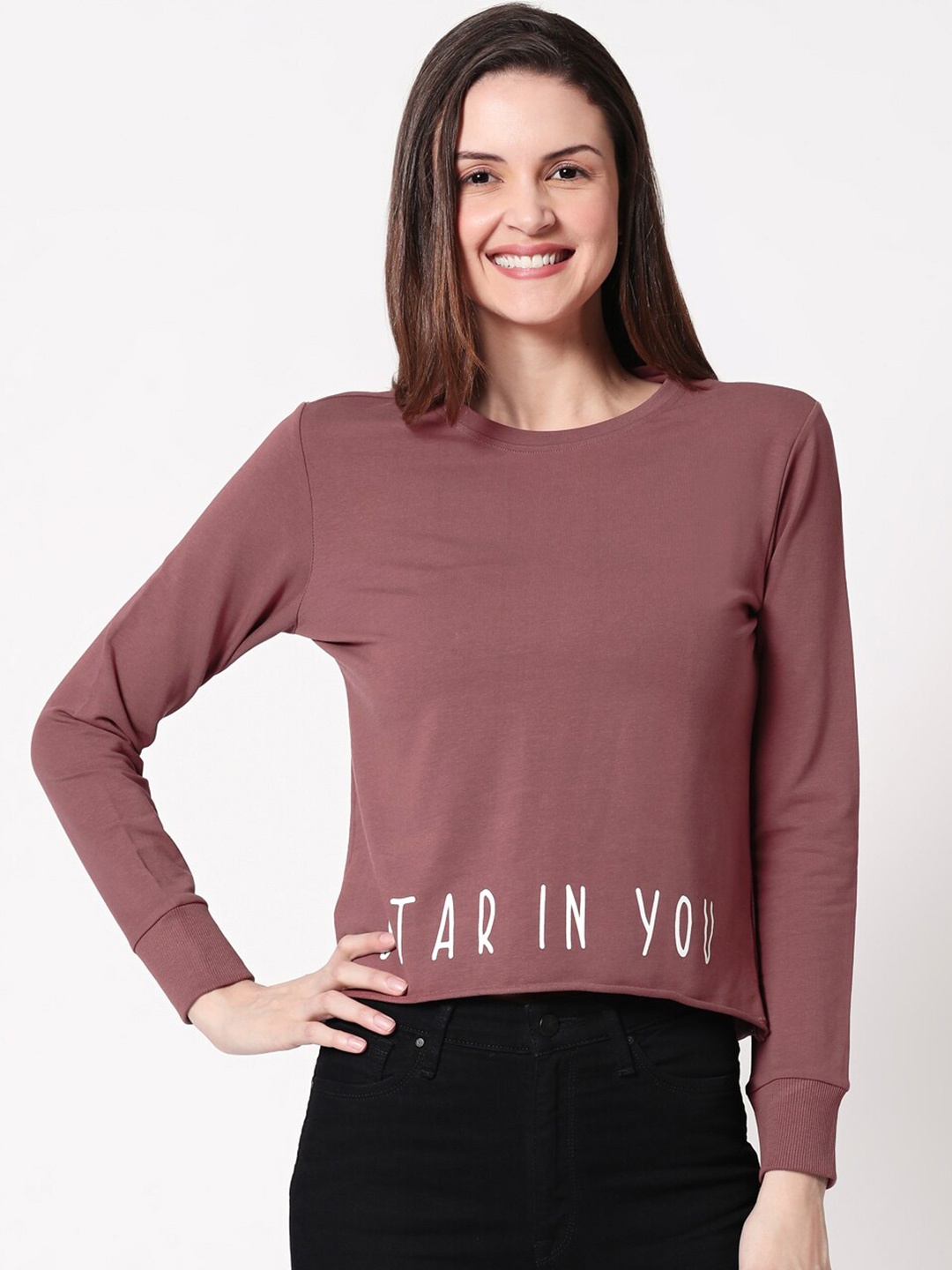 

Zeyo Round Neck Cuffed Sleeves Pure Cotton Top, Mauve