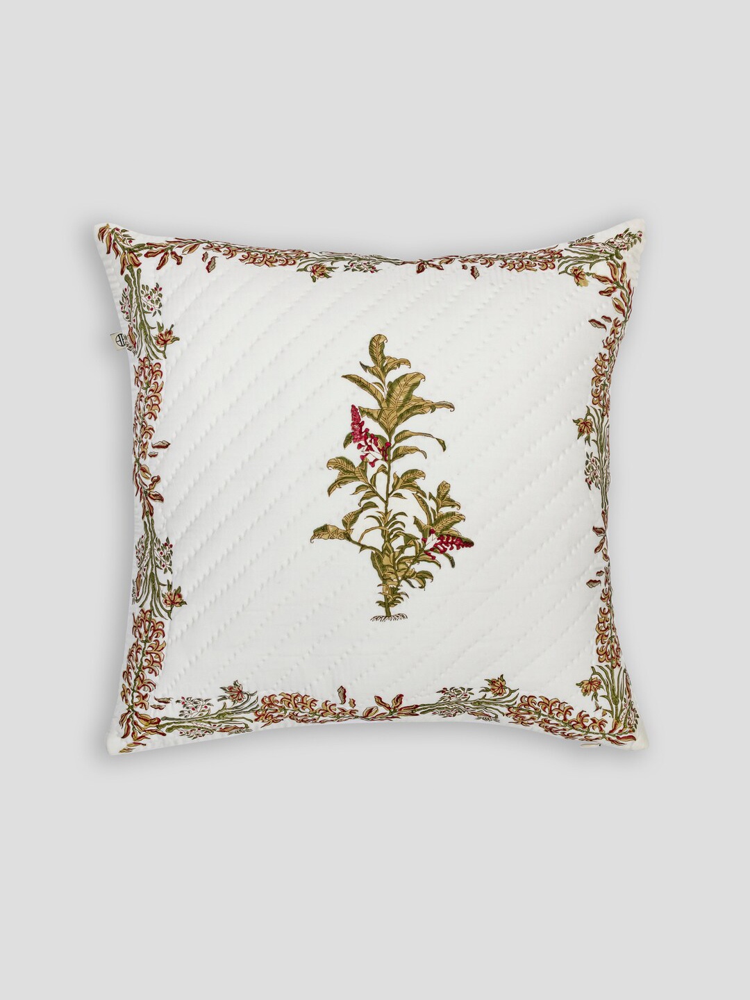 

HOUMN White & Olive Green Floral Printed Cotton Square Cushion Cover