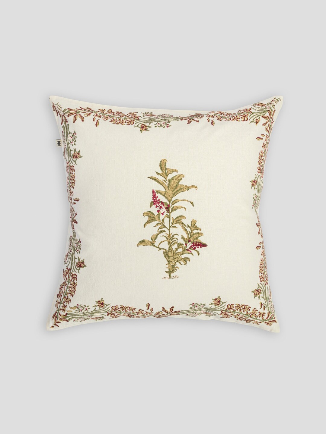 

HOUMN Olive Green & Cream-Coloured Floral Printed Cotton Square Cushion Cover