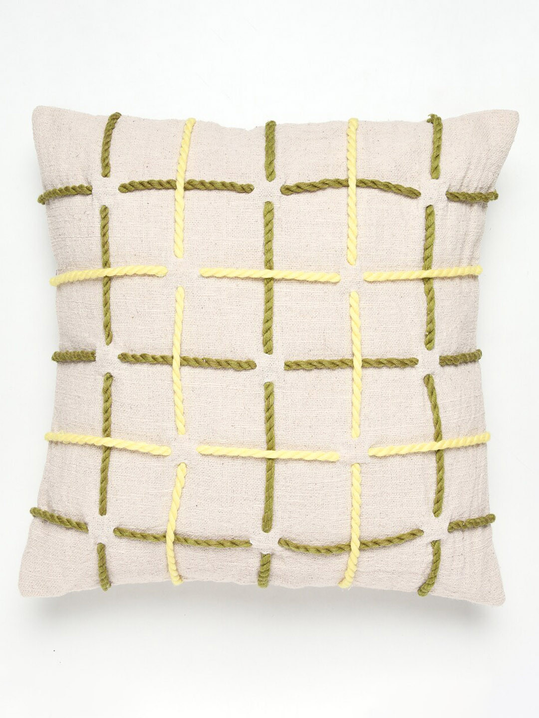 

HOUMN Cream-Coloured & Green Embroidered Cotton Square Cushion Cover