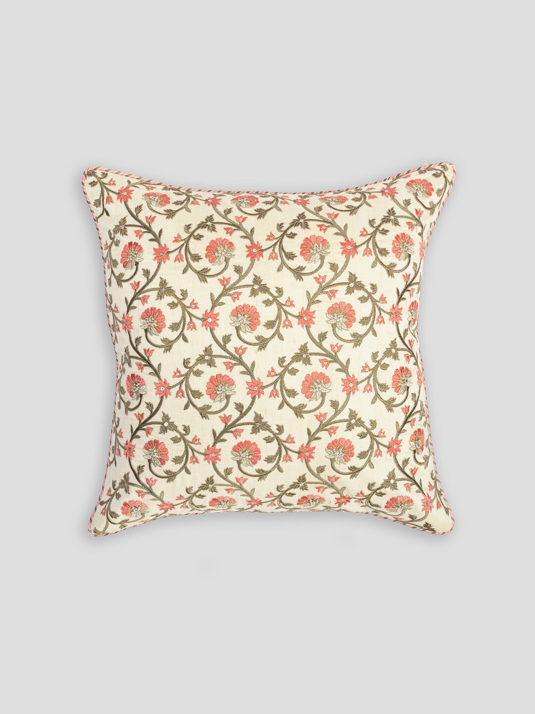 

HOUMN Beige & Pink Embroidered Cotton Square Cushion Cover