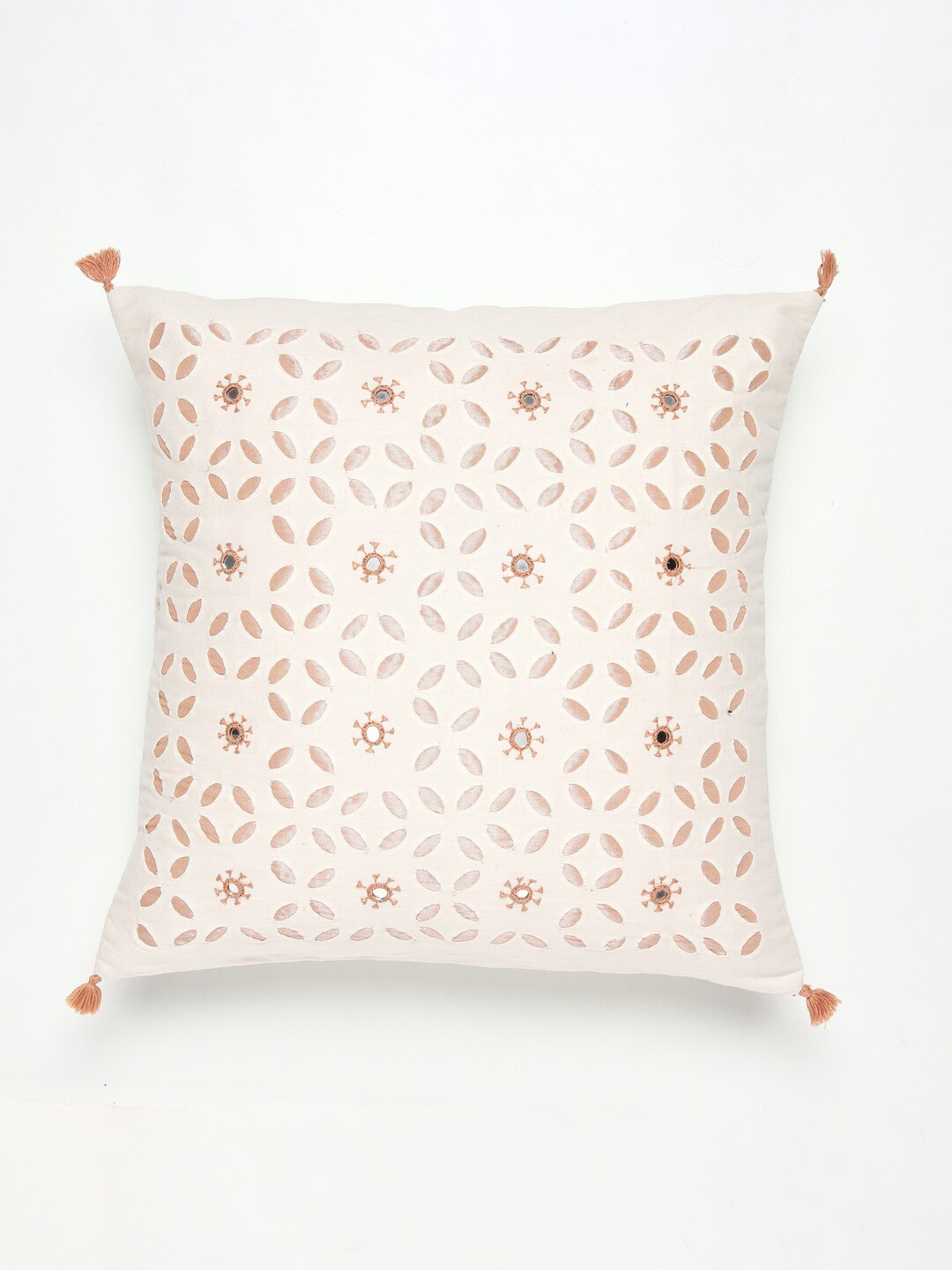 

HOUMN Cream-Coloured & Peach-Coloured Embroidered Cotton Square Cushion Cover