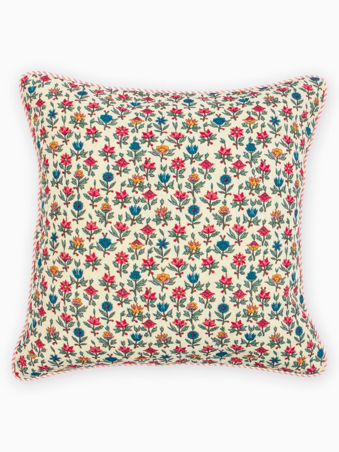 

HOUMN Cream-Coloured & Green Floral Printed Cotton Square Cushion Cover