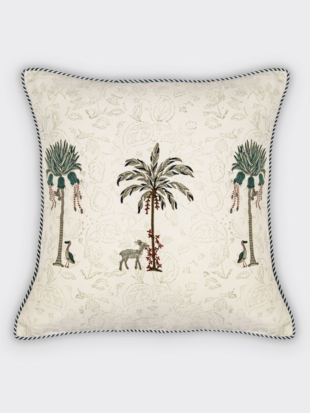 

HOUMN Cream-Coloured & Green Ethnic Motifs Printed Cotton Square Cushion Cover