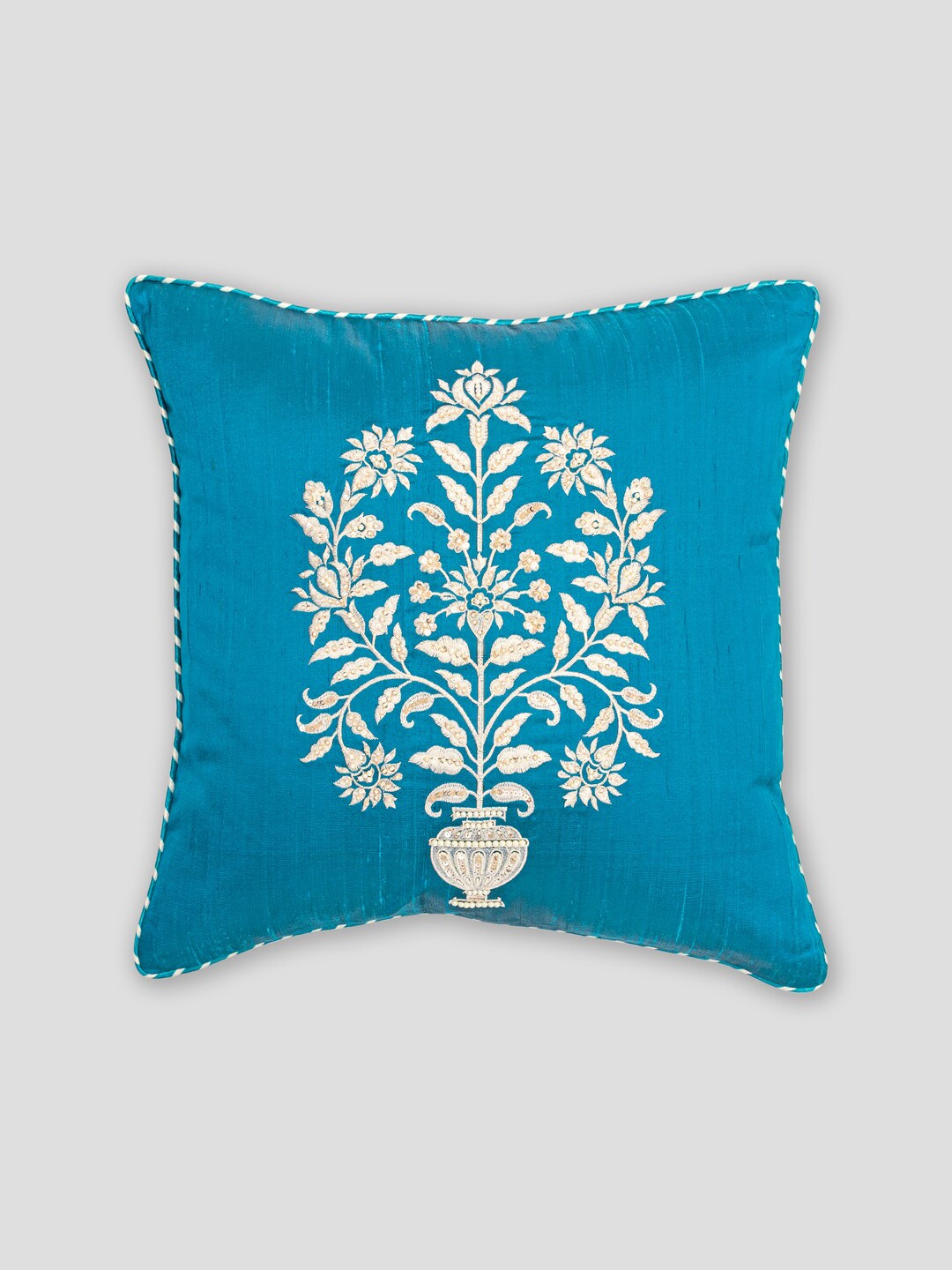 

HOUMN Blue & White Embroidered Cotton Square Cushion Cover