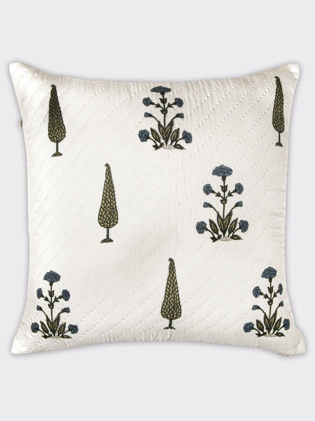 

HOUMN Cream-Coloured & Blue Floral Printed Cotton Square Cushion Cover