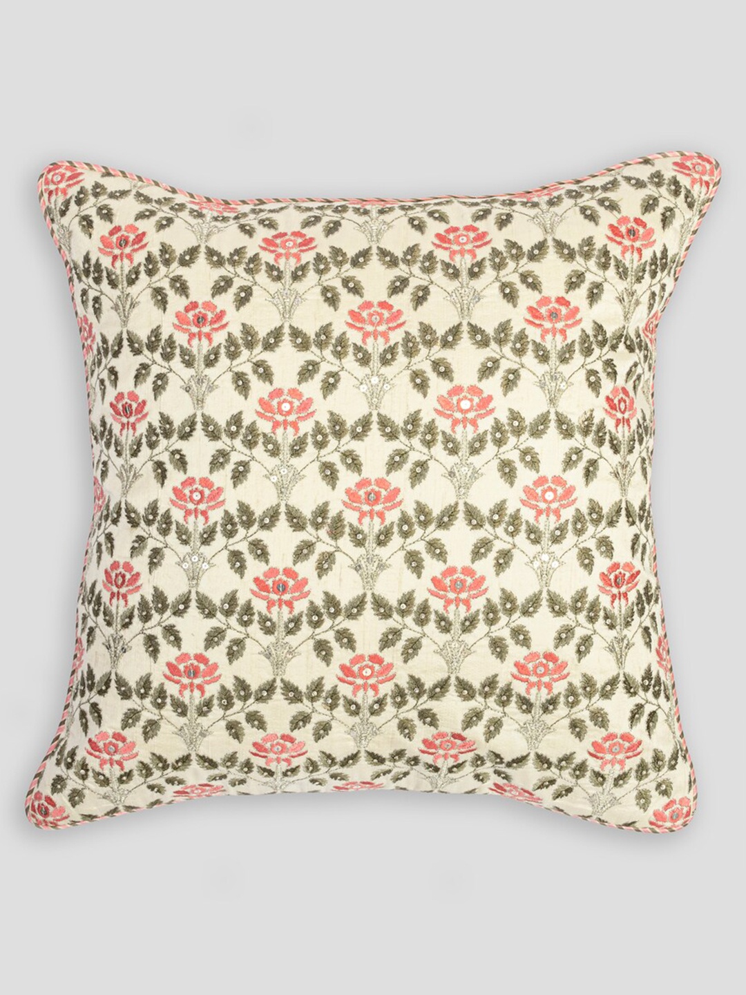 

HOUMN Beige & Pink Embroidered Cotton Square Cushion Cover