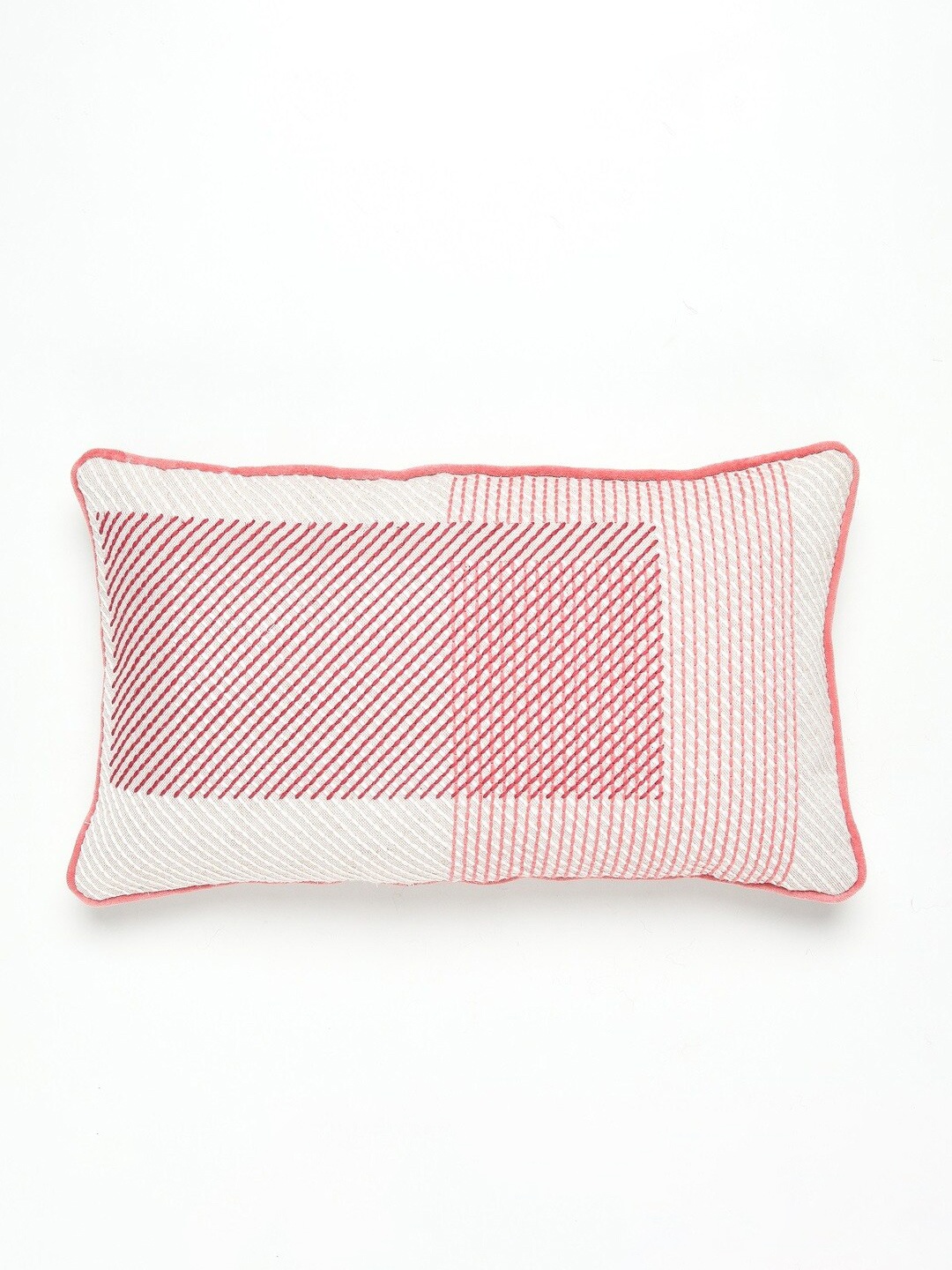 

HOUMN Cream-Coloured & Red Embroidered Cotton Rectangle Cushion Cover