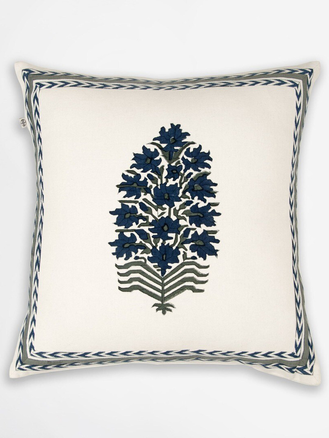 

HOUMN Cream-Coloured & Blue Floral Printed Cotton Square Cushion Cover