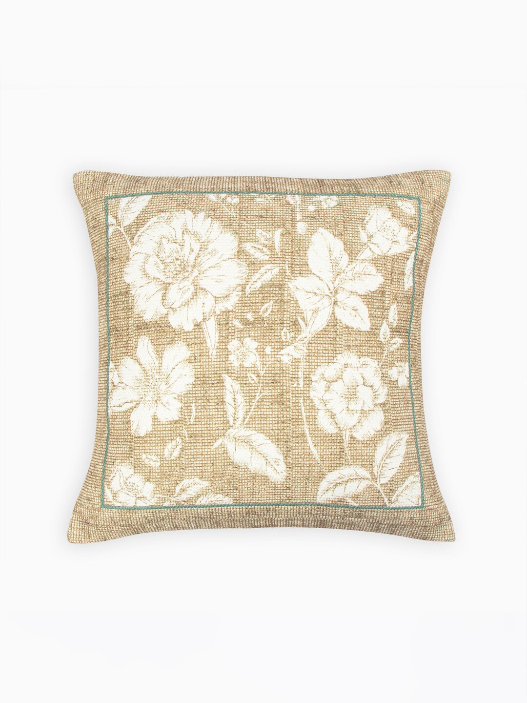 

HOUMN Beige & White Floral Printed Cotton Square Cushion Cover
