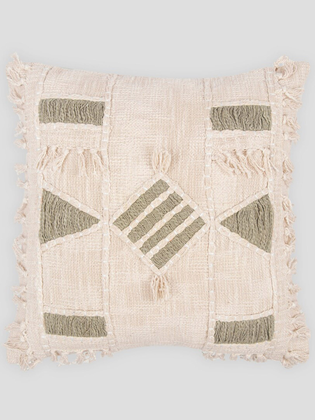 

HOUMN Cream-Coloured & Green Self Deisign Cotton Square Cushion Cover